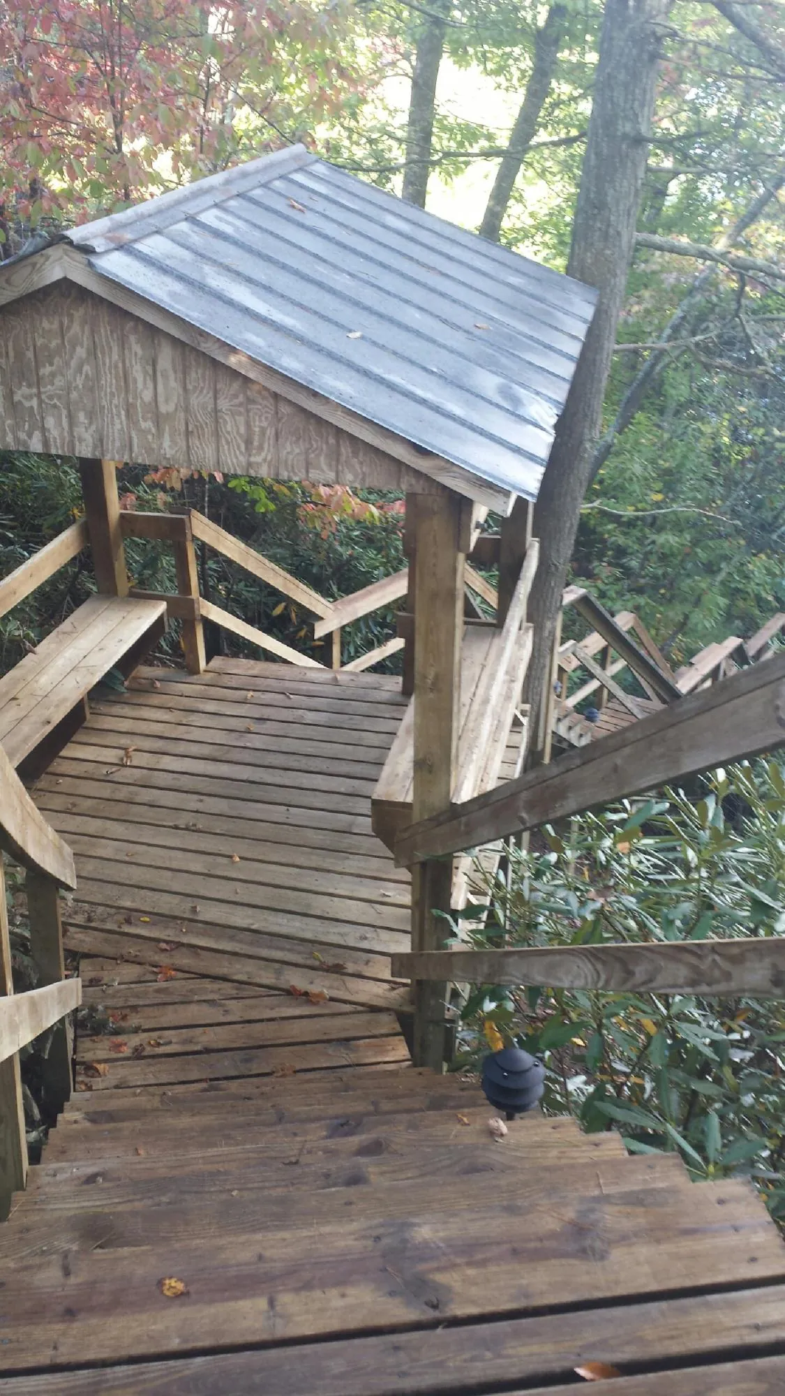 Metal roofed shelter over wooden steps on a wooded walkway — Skylight Repair & Installation work by our crew in Brainerd
